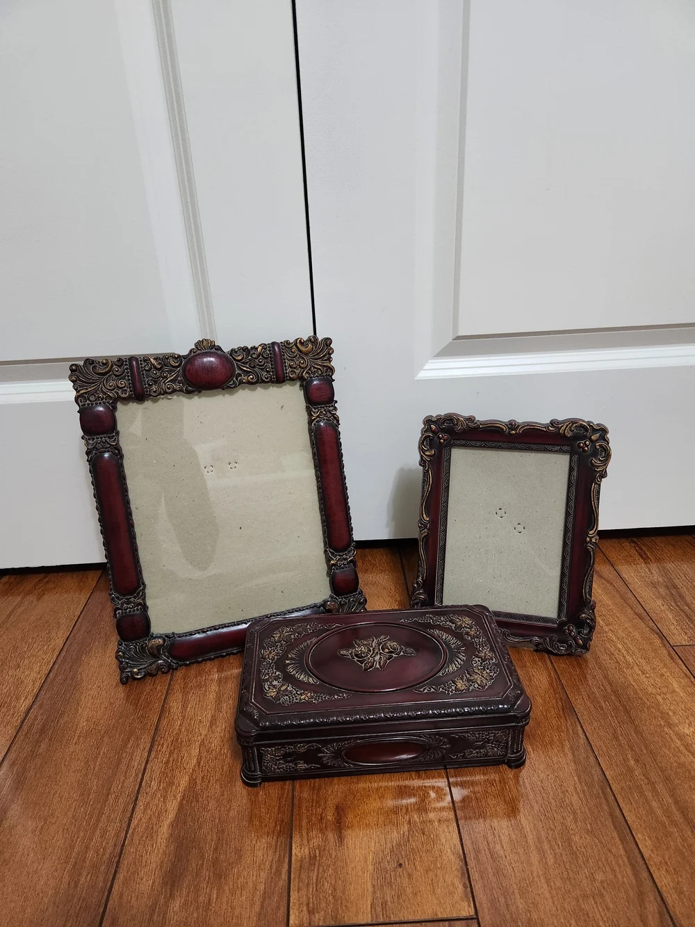 Decorative Vintage-Style Burgundy Photo Frames and Jewelry Box - Unbranded